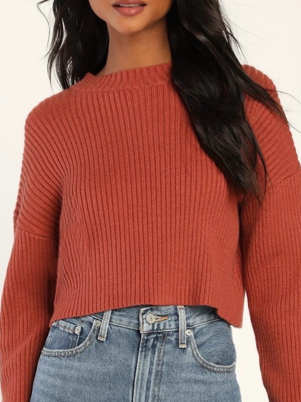 Lulu's Rust Ribbed Crewneck Cropped Sweater Size Medium
